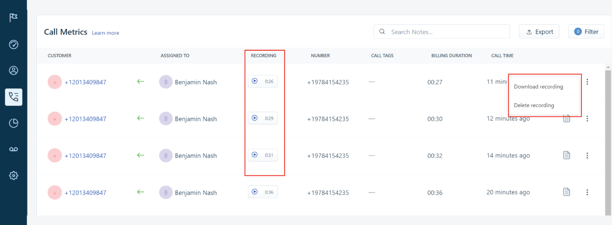 Freshdesk call recording module dashboard